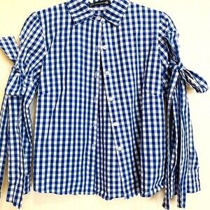 Zara Basic blue top and white checkered button shirt size XS cottagcore collar